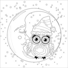 Coloring book for adult and older children. Coloring page with an owl on the moon among the stars.
