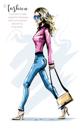 Hand drawn beautiful young woman with bag. Stylish elegant girl walking. Fashion woman in sunglasses. Sketch.