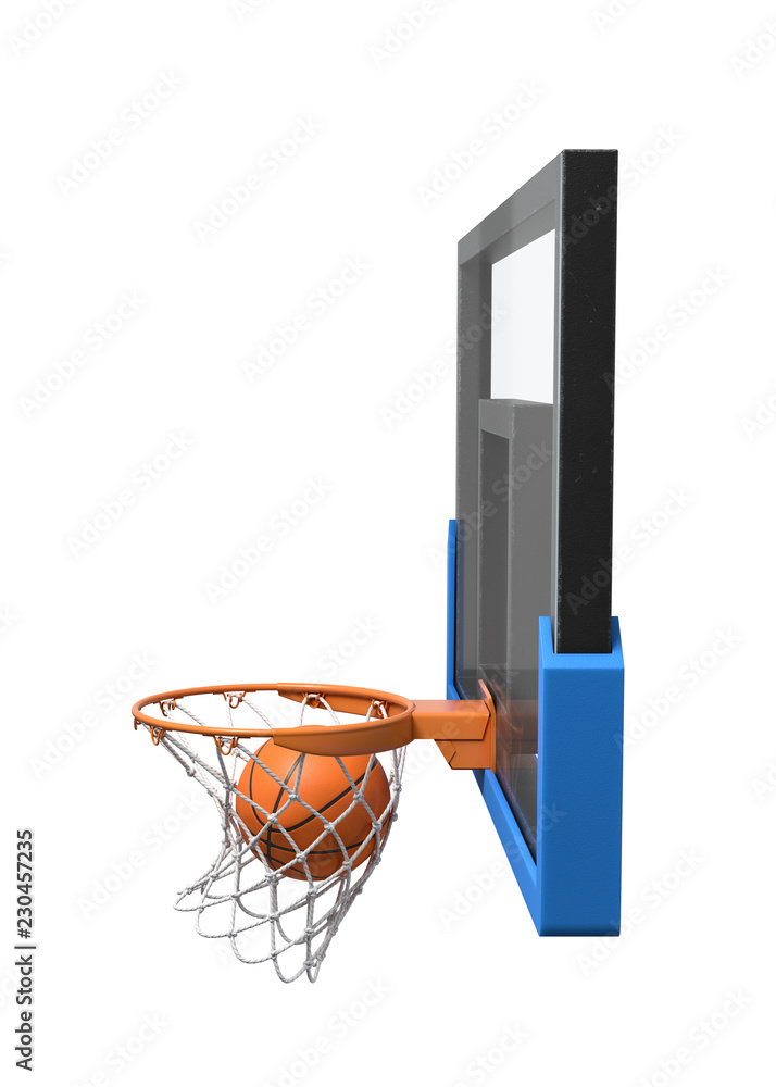 Poster 3d rendering of a basketball ball falling inside a basket attached to a transparent backboard.