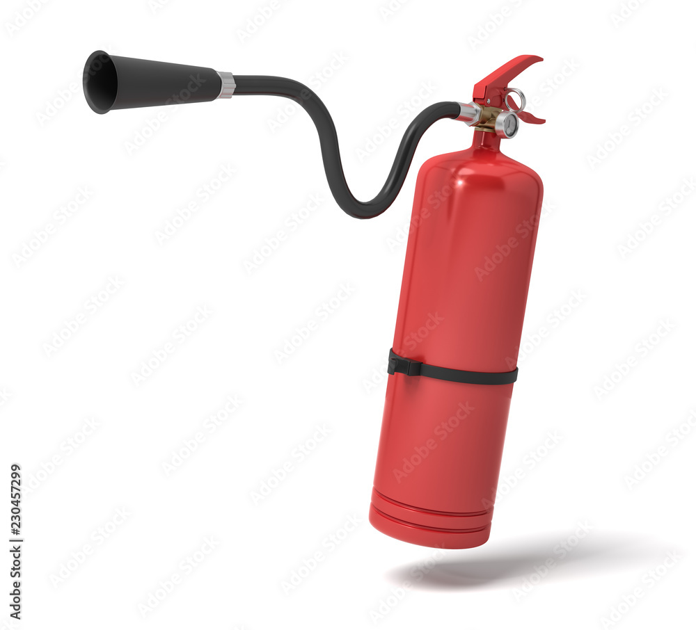 Poster 3d rendering of a single red fire extinguisher with its hose lifted up the nozzle pointed straight.