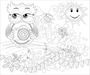 Doodles design of a photographer owl taking photo. coloring book for adult, card,poster,banner