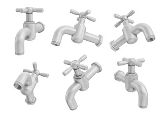 3d rendering of many metal household water taps with only one handle on a white background.