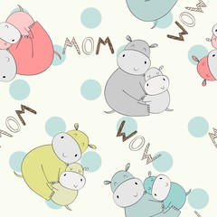 Seamless pattern. Vector hippo mom and baby