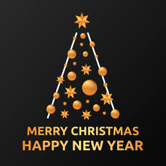 Christmas Tree 2019. Elegant Card Template with Gold Shining Fir. Pine with Snowflakes. Vector illustration. text