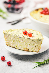 Cottage cheese poppy seed and berries cake. Selective focus, space for text.