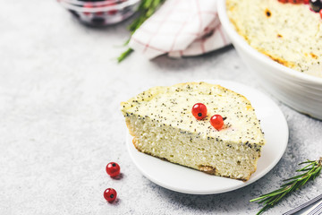 Cottage cheese poppy seed and berries cake. Selective focus, space for text.