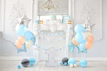 Children birthday. A lot of balloons blue and white colors. Decorations for holiday party. 