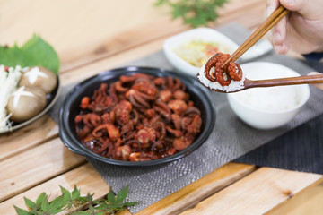 jukkumi bokkeum is korea traditional webfoot octopus with vegetable stir fry