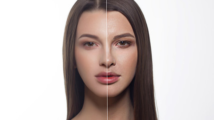Beauty brunette before and after. Shows age changes, folds, wrinkles of the woman. The right half...
