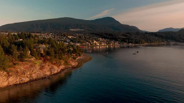 Aerial shot of the harbor in Gibsons, BC.