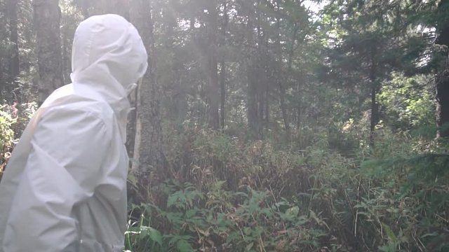 Man with machete making his way through thicket. Footage. Close-up view of man from back holding machete in his hand