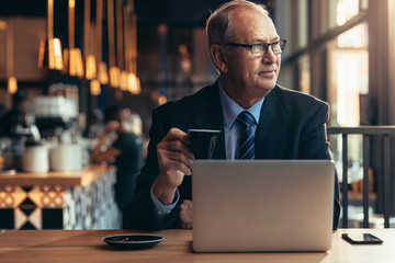 Senior businessman sitting at coffee shop with laptop