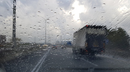 Rainy weather on the highway-traffic viewed through a car window