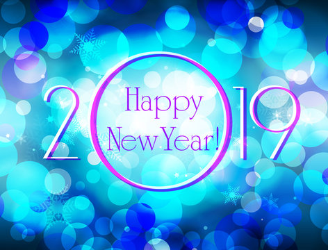Happy New Year 2019 vector blue greeting card, glittering defocused bokeh winter vector background