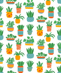 Cute house plants in pots seamless vector pattern