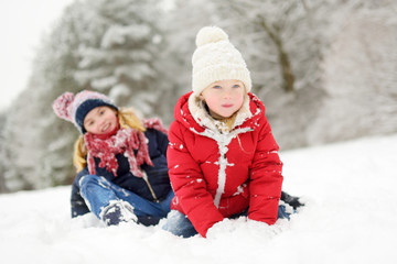 Two adorable little girls having fun together in beautiful winter park. Beautiful sisters playing in a snow.