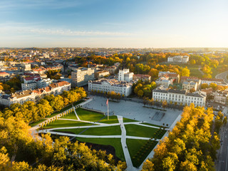 Aerial view of newly renovated Lukiskes square, Vilnius. Sunset landscape of Old Town of Vilnius, the heartland of the city, Lithuania.