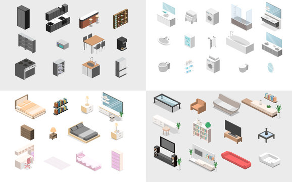 Furniture for apartment. Isometric flat 3D isolated concept vector cutaway