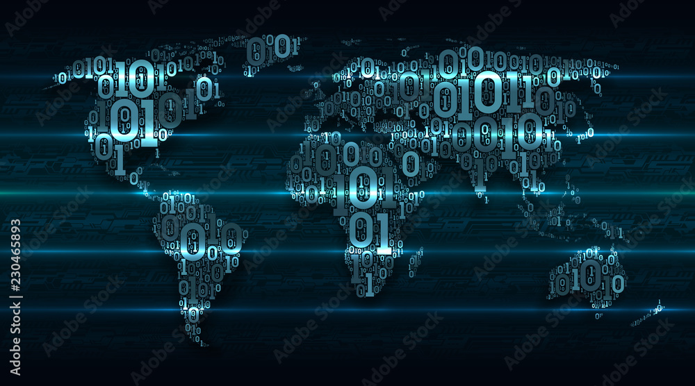 Poster Abstract map world with continents from digital binary code on a dark green background with glowing transaction lines, concept of big data, global cloud service, digital technology, internet of things