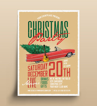 Vintage Styled Christmas Party Poster Flyer Template. Vector Illustration.
