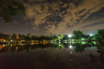 City park in the night with a resting place. The landscape of the city park in the winter.