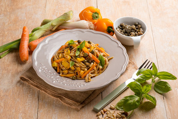 tagliatelle with capsicum capers pinenuts an carrots