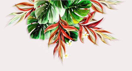 Naklejka premium Tropikalne rośliny z tropikalnymi kwiatami