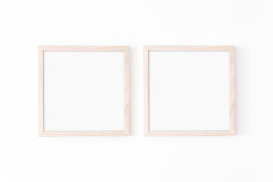 Set of 2 square wooden frame mockup on white wall. Poster mockup. Clean, modern, minimal frame. Empty fra.me Indoor interior, show text or product