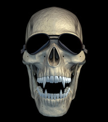 Halloween funny and scarry vampire skull with funny motorcycle goggles. 3d render.