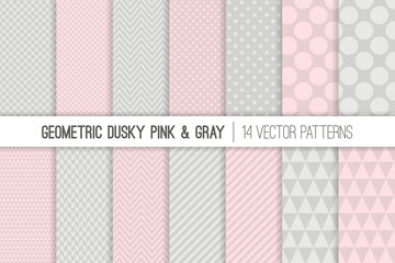 Geometric Vector Patterns in Dusky Pink and Gray. Girly Pastel Color Chevron, Polka Dots, Stripes, Triangles and Herringbone Prints. Repeating Pattern Tile Swatches Included.