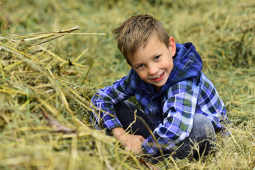 Naklejka na ściany i meble Little farmer. Little farm boy. Boy farmer relax in hayloft. Small child enjoy vacation in countryside. Growing up on an organic farm