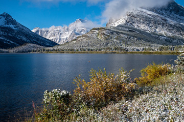 Naklejka na ściany i meble Mt Grinnell and Swiftwater Lake after a snow storm. Glacier National Park, Montana
