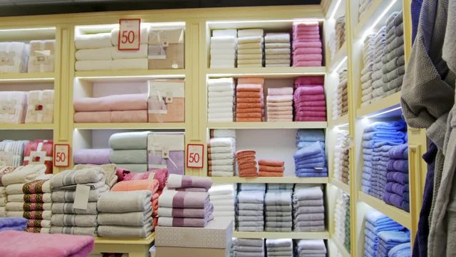 A view of textile store. Different towels