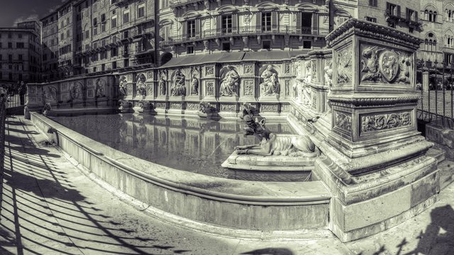 Ornate fountain in Siena's Piazza del Campo, the Fonte Gaia
