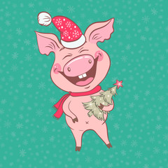 Funny cute laughing pig with Christmas deer horns on his head