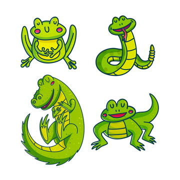 Set of green cartoon reptiles