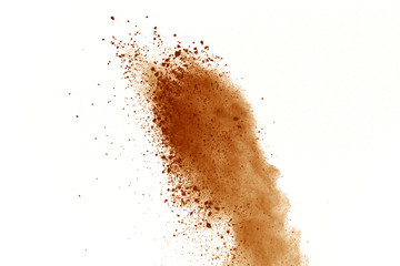 Brown powder explosion on white background. Dry soil splatted isolated. Paint Holi.