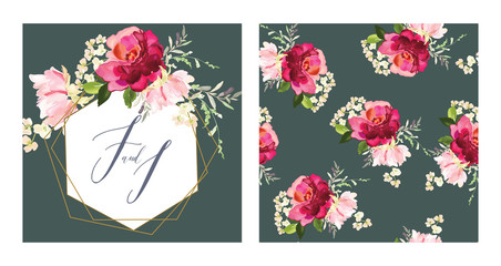 Greeting card and background with bouquets of flowers.  A set of vector illustrations in a watercolor style.