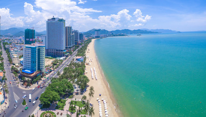 Panoramic beach in Nha Trang city, Khanh Hoa province, VietNam, high angle view - obrazy, fototapety, plakaty