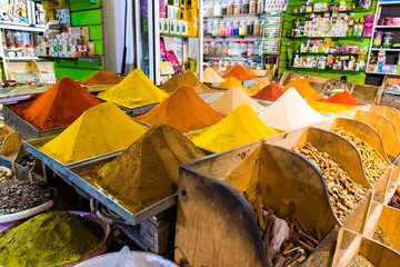 Spices market in main bazzar in the medina of Capital city Rabat in Morocco