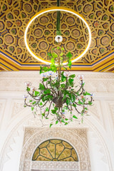 Ceiling and chandelier inside the Pena National Palace in Sintra, Portugal 