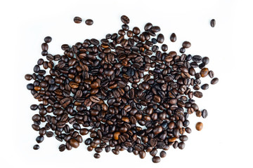 Pile of coffee beans isolated top viwe on white background.