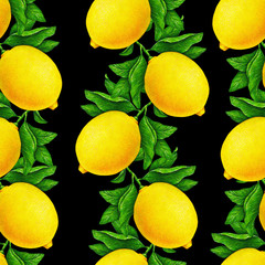 Great illustration of beautiful yellow lemon fruits on a branch with green leaves isolated on a black background. Water color drawing seamless pattern for design