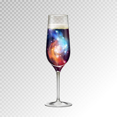 Realistic vector illustration of champagne glass  with space background inside