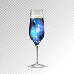 Realistic vector illustration of champagne glass  with space background inside
