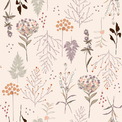Beautiful vintage bright botanic pattern seamless,many kind of flowers in vector hand drawn style for fashion print and every kind of print