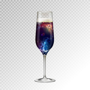 Realistic vector illustration of champagne glass  with space background inside