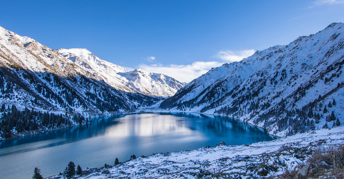 mountain lake in winter, Big Almaty Lake, Kazakhstan