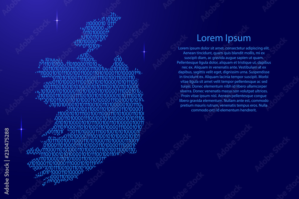 Fototapete ireland map abstract schematic from blue ones and zeros binary digital code with space stars for ban