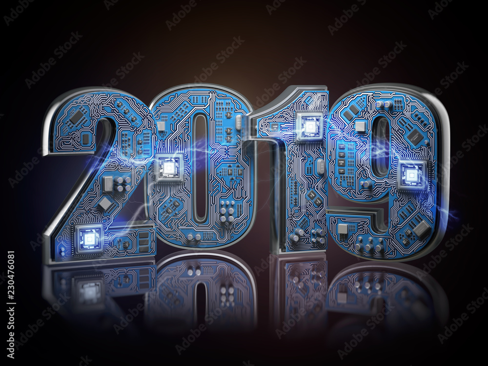 Poster 2019 on circuit board or motherboard with cpu. Computer technology and internet commucations digital concept. Happy new 2019 year.